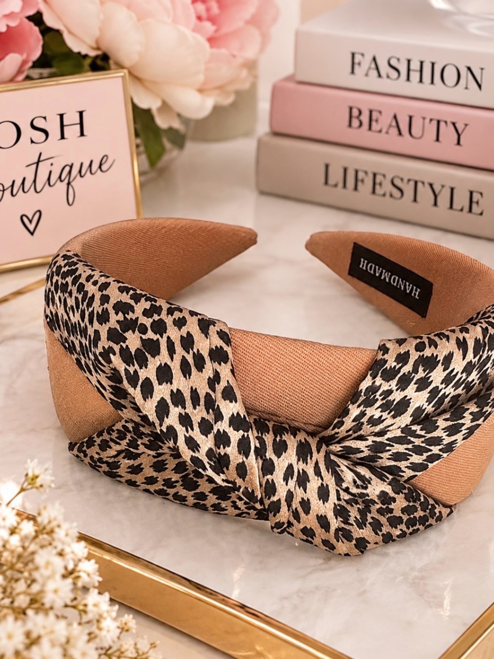 Handmadw Tan Leopard Knot Headband
